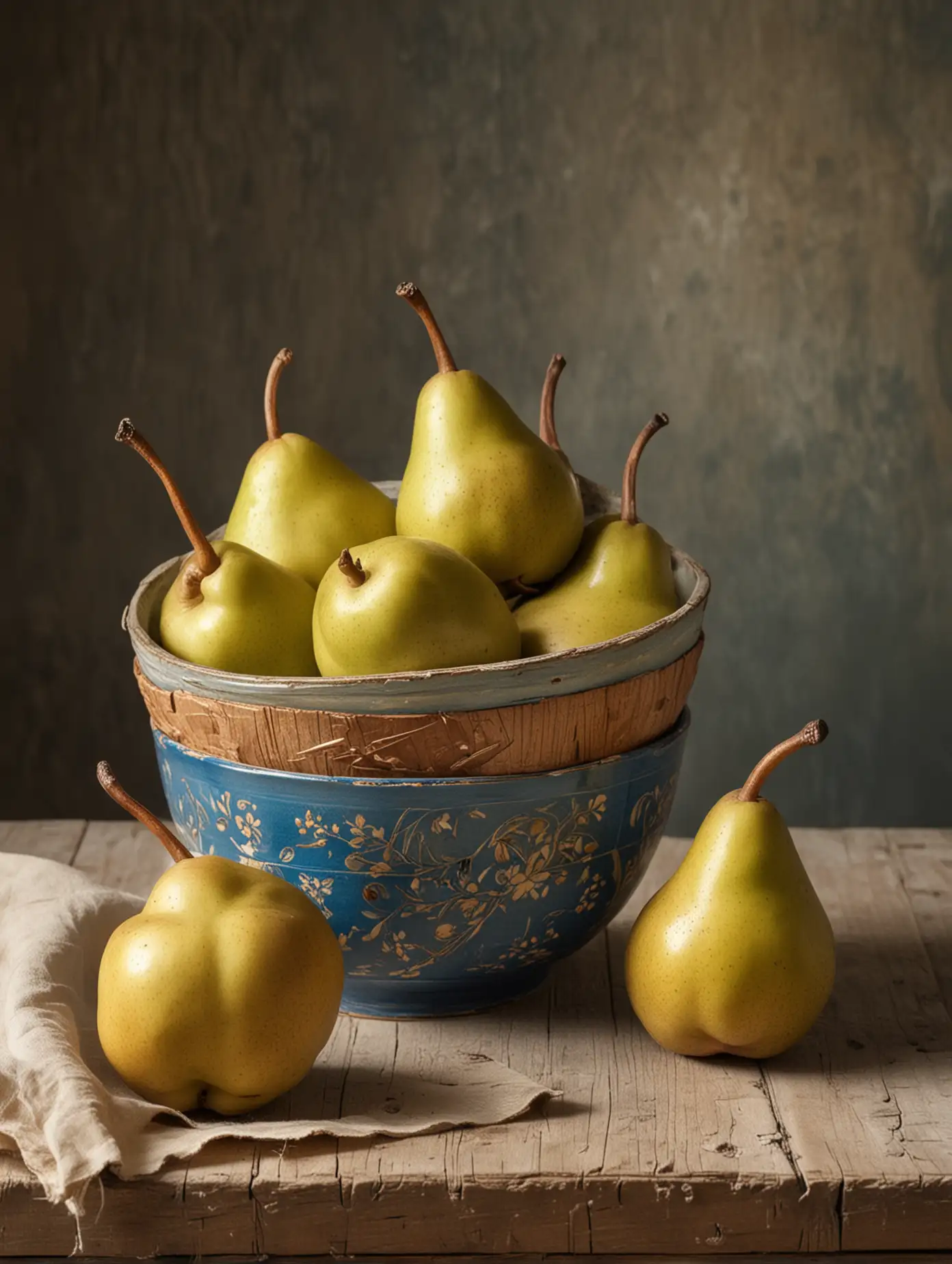 Rustic Bowl of Fresh Pears on Wooden Table