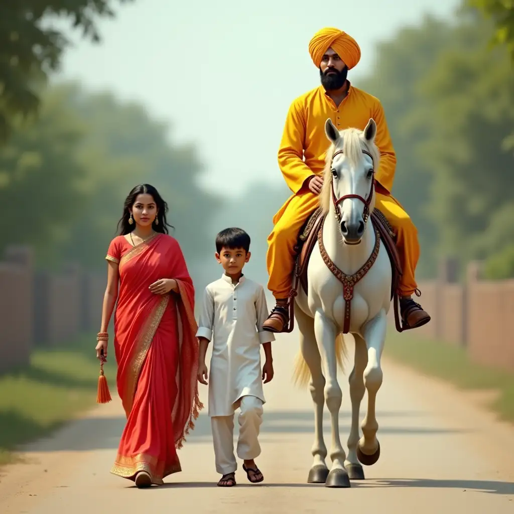 A man wearing a yellow Punjabi is riding a white horse. A 30-year-old woman in a red saree is walking beside him.  Beside him walks a 12-year-old boy in white Punjabi.  They are just going through the village road.realistic, 4K, clear face.realistic image. Hyperrealistic face.Hyperrealistic 3d.