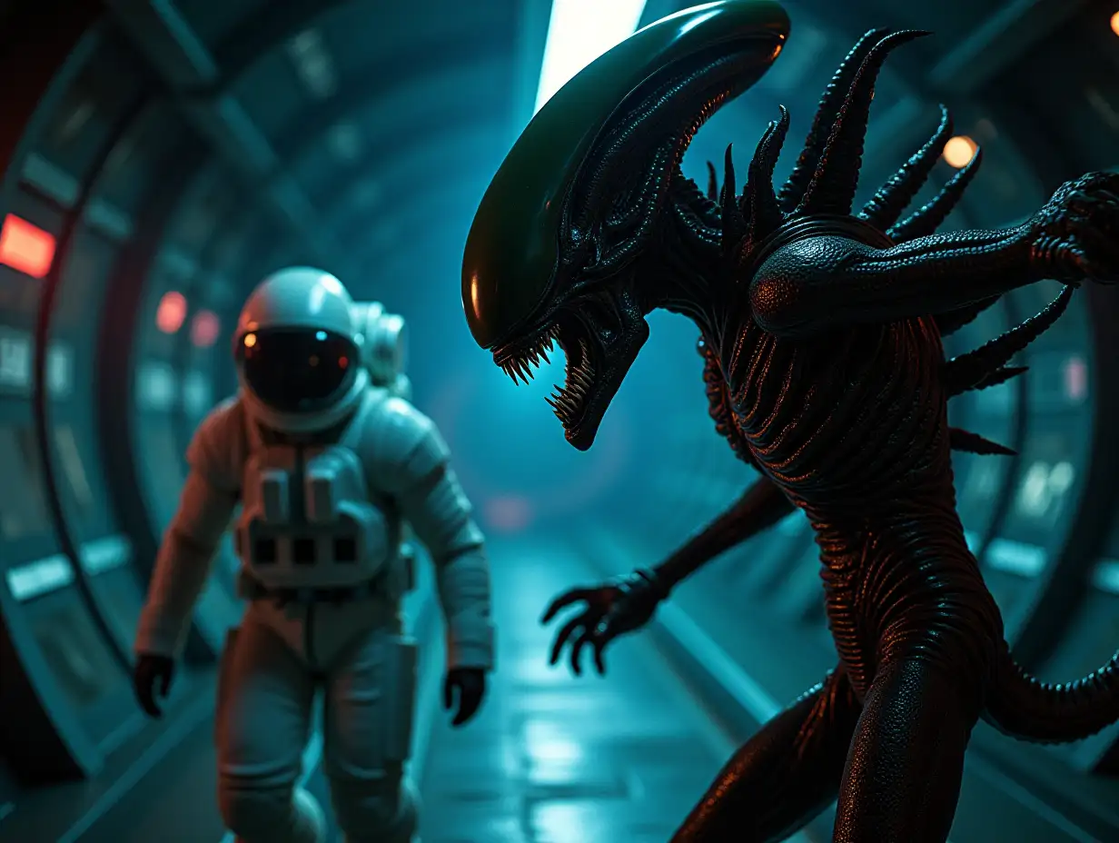 Alien xenomorph chasing astronaut in spaceship interior