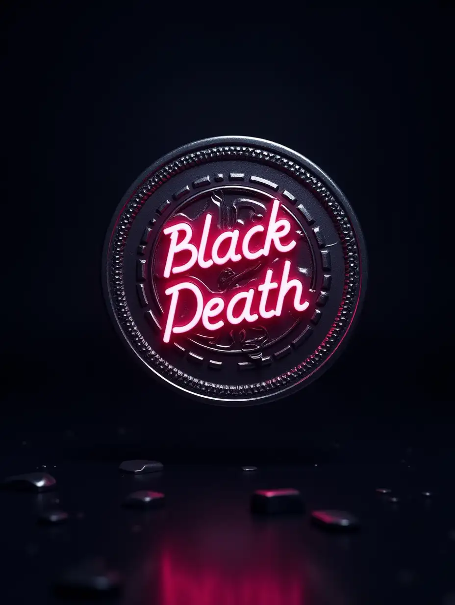 A coin is suspended in the air, dark background, with *Black Death* written on it in a neon cyberpunk style