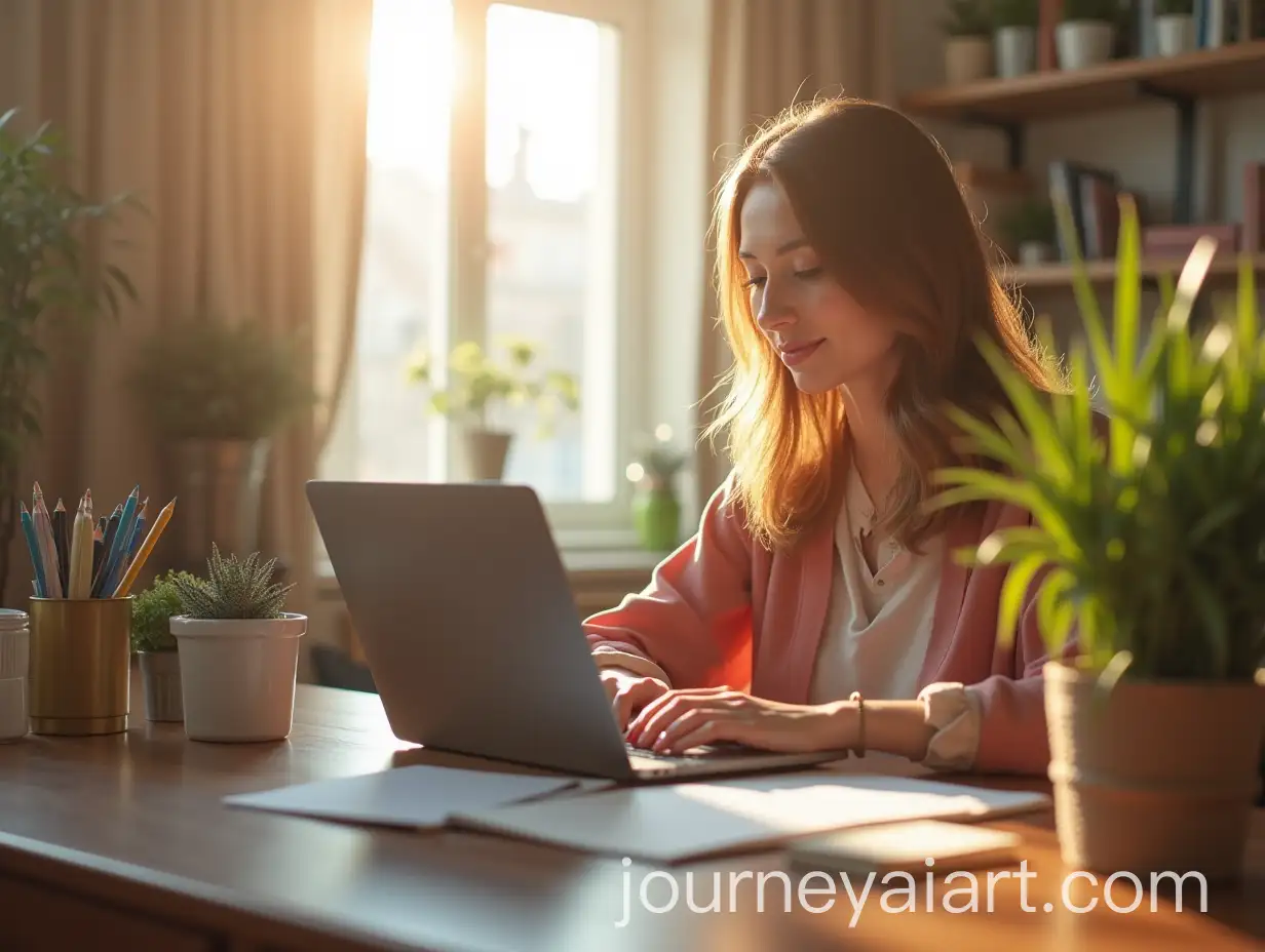 Woman-Working-at-Desk-in-Home-Office-with-Laptop-in-Bright-and-Peaceful-Atmosphere