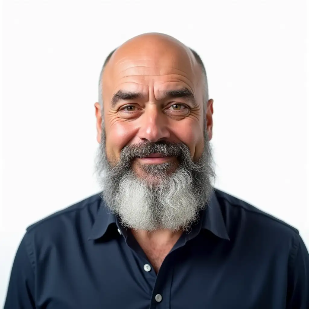 Headshot of a man in his 50s, shoulders-up, completely bald and shaved head, very round face, very long bushy grey beard, green/hazel eyes, dark prominent eyebrows, full lips, medium-light skin tone, neutral expression, soft natural lighting, wearing a navy collared shirt, clean light and single colored white background, completely squared shoulders, photorealistic and lifelike style, high detail.