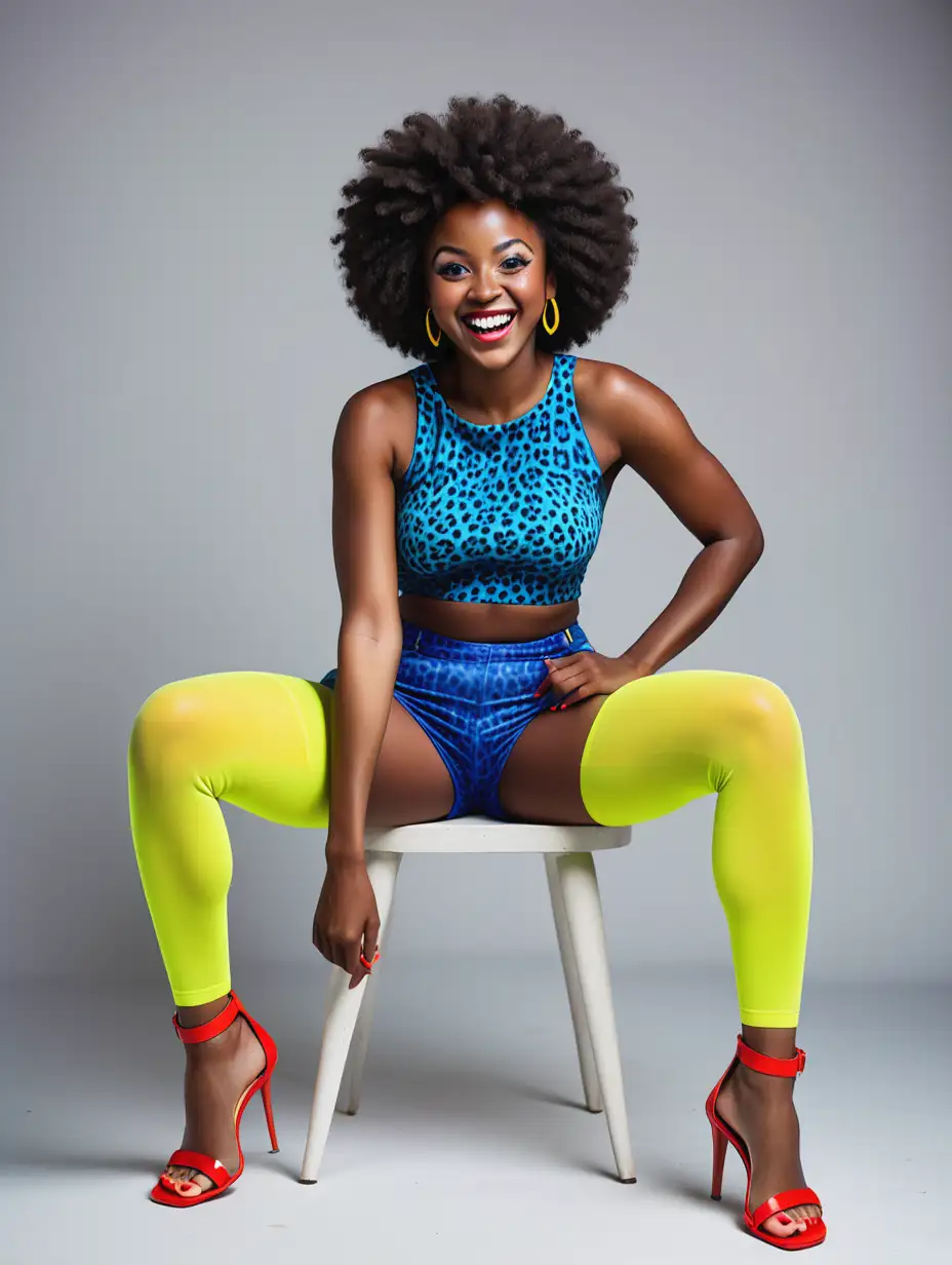 Joyful-DarkSkinned-Woman-in-Vibrant-Outfit-with-Afro-and-High-Heels