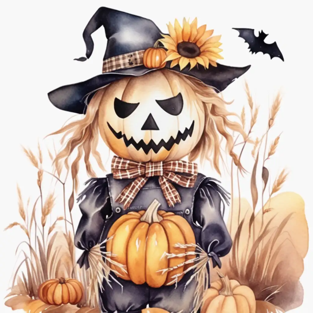 Whimsical Watercolor Halloween Scarecrow in Aesthetic Style