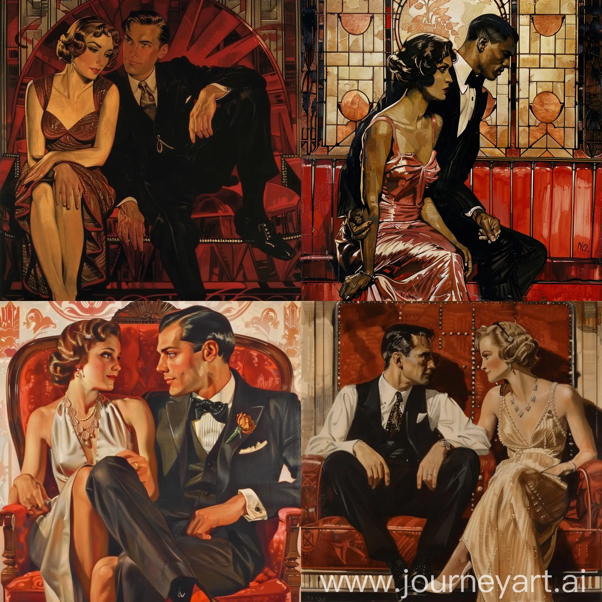 Art-Deco-Style-Couple-Woman-Showing-Dress-to-Seated-Man-in-Red-Room