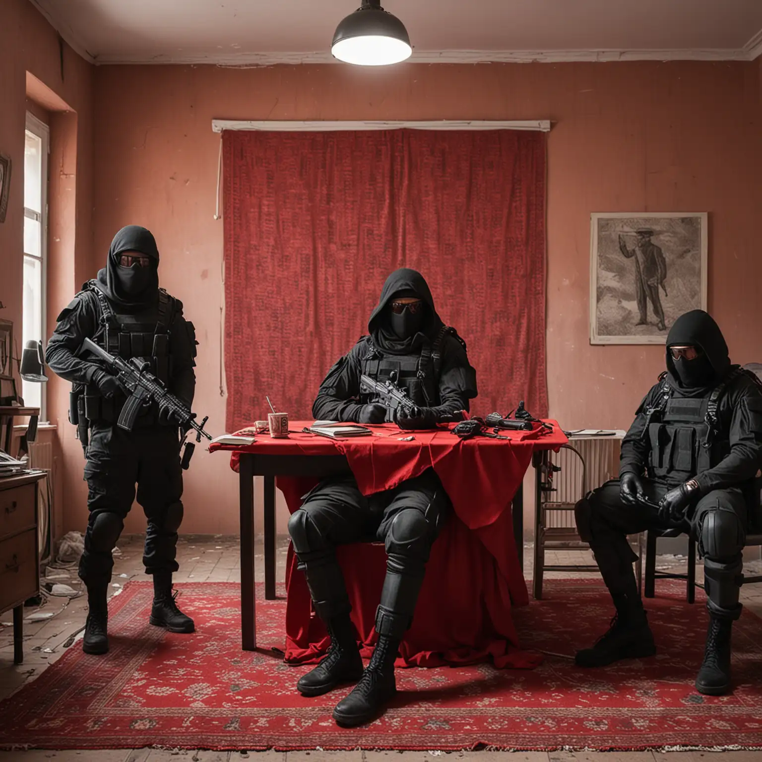 3 Soldados atravesados por una lanza, encapuchados con lentes negros, casco y traje militar completo, rifles modernos y pistola moderna en suelo, oficina sin ventanas, libro El Seductor de Kal Mendez en su silla y el escritorio en frente con mantel rojo, grabación de cámara de seguridad
