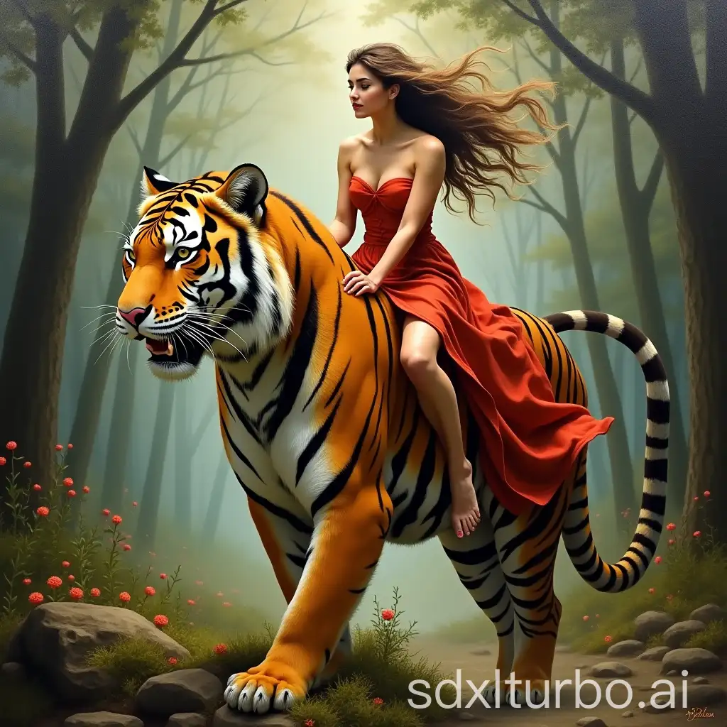 Beautiful woman riding a tiger, background in forest, oil painting