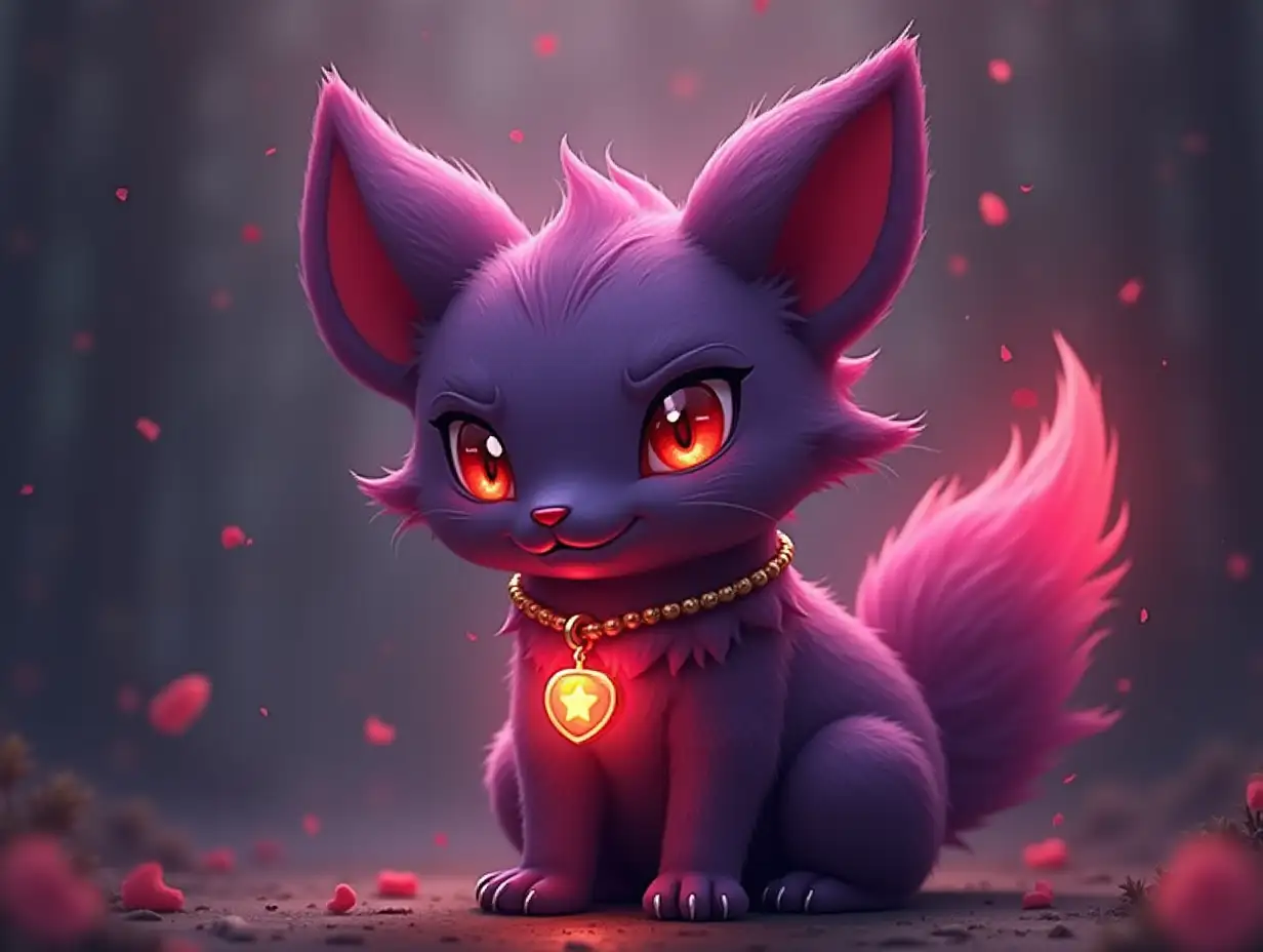 make a purple cat pokemon wearing a red pendant necklace with fire in it