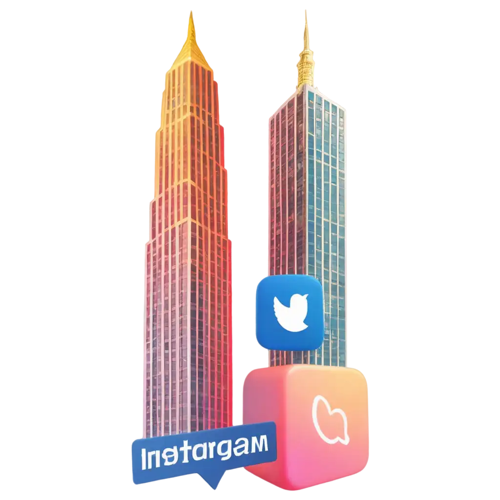 skyscrapers made of instagram, facebook, whatsapp, twitter social media icons