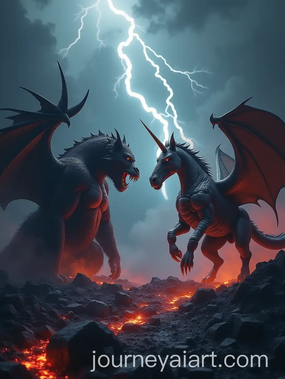 Dragon-Gorilla-Scorpion-and-Unicorn-Facing-Off-in-Dark-Volcanic-Landscape