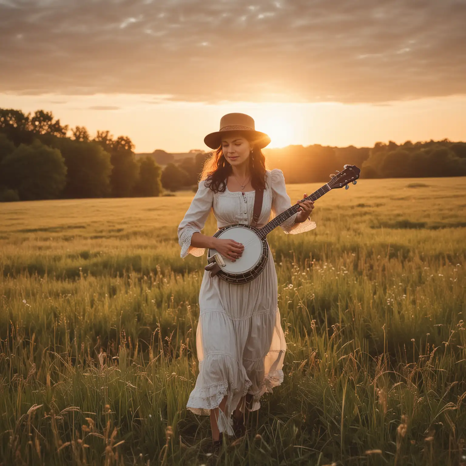 Vintage Woman Playing Banjo in Sunset Field