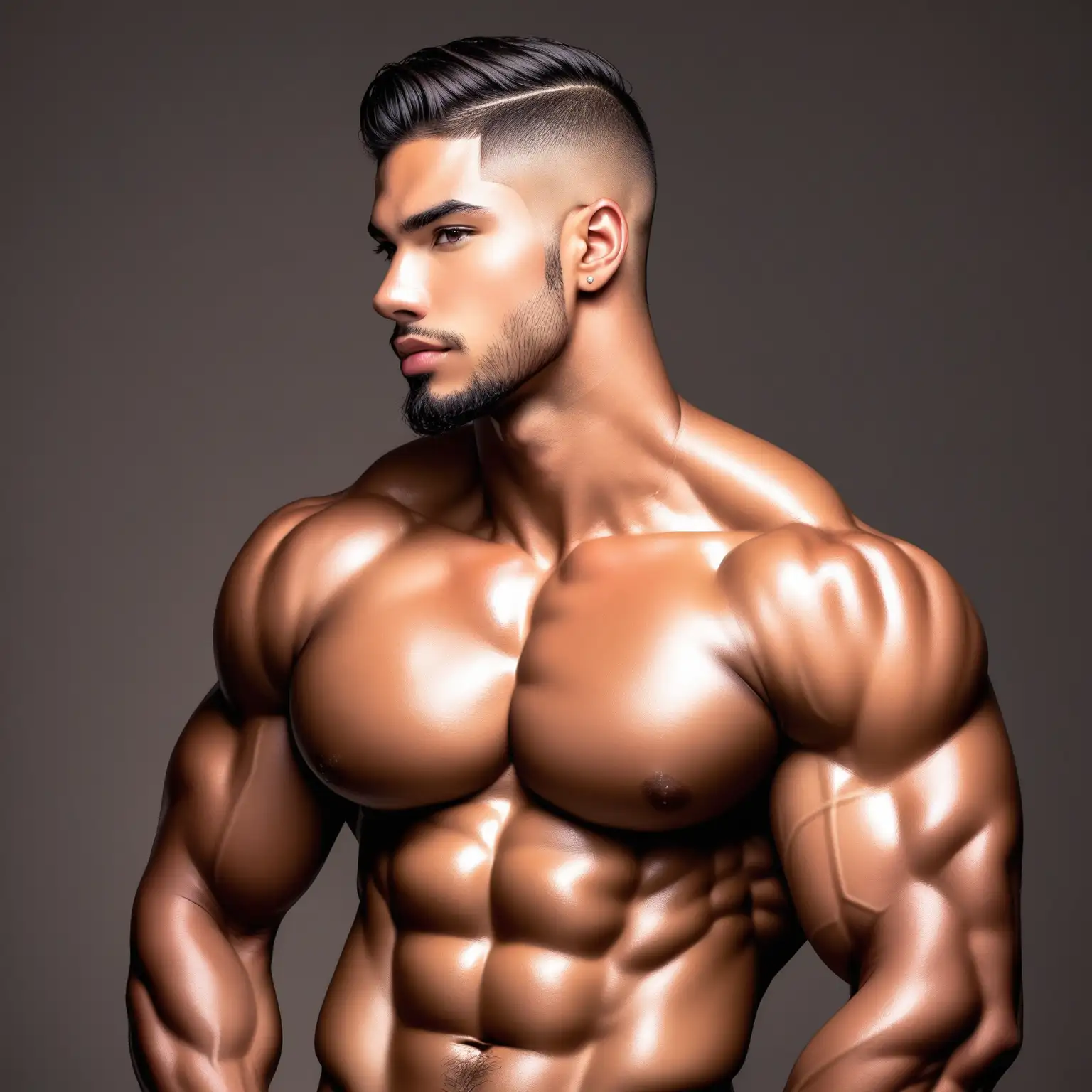 Joshua,29 years-old,Puerto rican handsome guy,male model, mixed race  muscular huge bodybuilder, defined jawline,with Combed Back Straight Fade haircut,with his left arm in a pose, holding a towel in her right hand in front of his groin Soft hues and subtle lighting enhance his beauty.