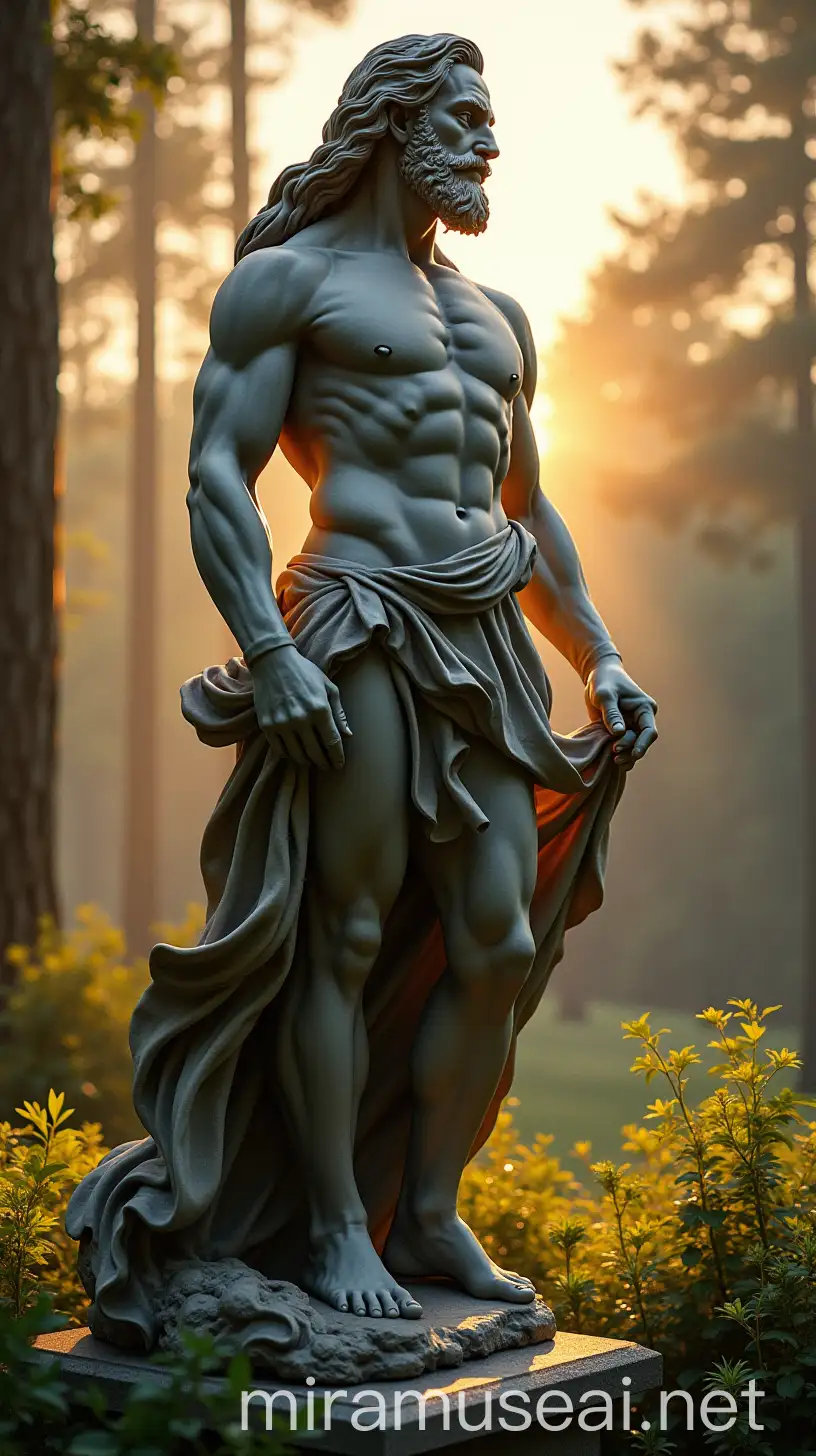 Masculine Seneca Statue with Long Hair Surrounded by Nature and Sun