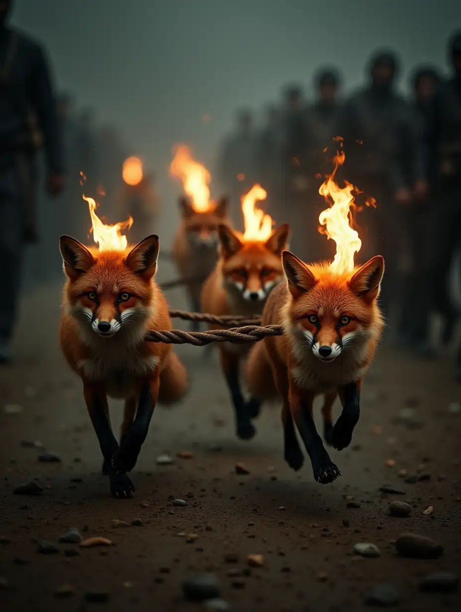 A dramatic scene showing pairs of foxes, each tied together with a torch between them on their tails like Judges 15:4, running through a darkened, mysterious environment. The foxes are fierce and determined, with glowing eyes, as they charge forward in synchronized pairs. The torches burn brightly between each pair of foxes, illuminating the path ahead with an eerie light. The background is shadowy with blurred figures of people, emphasizing the intensity and energy of the moment, symbolizing unity, movement, and purpose in the darkness