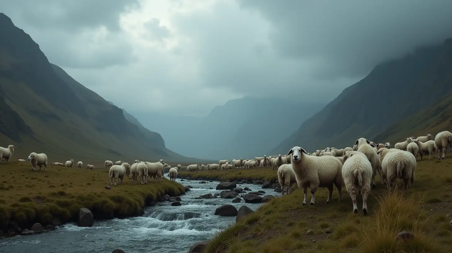 Sheep Grazing by a River in Mountainous Terrain Under Rain Clouds