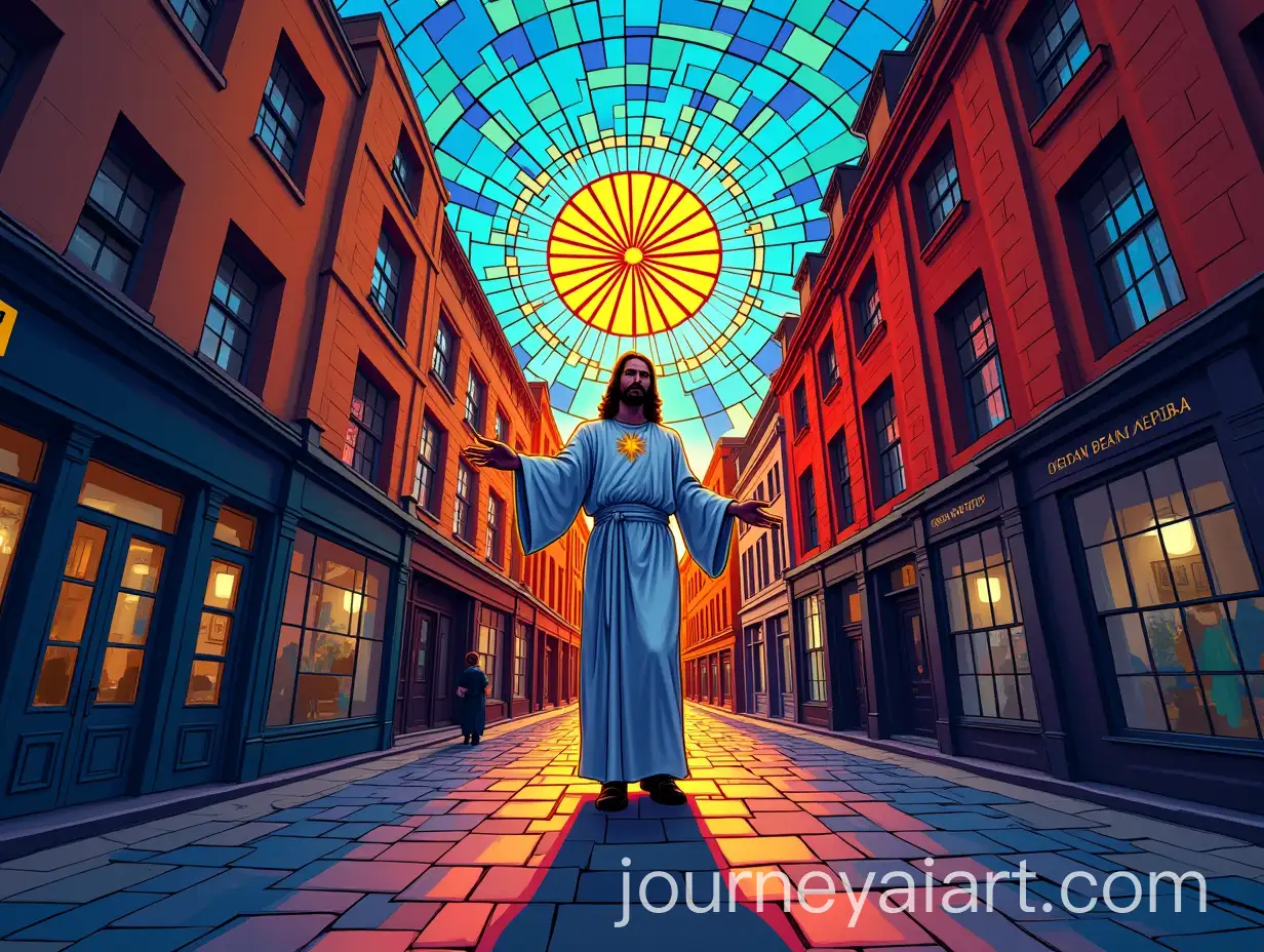 Abstract-Stained-Glass-Window-of-Jesus-in-Leeds-City-Centre-with-Colorful-Flat-Illustration-Style