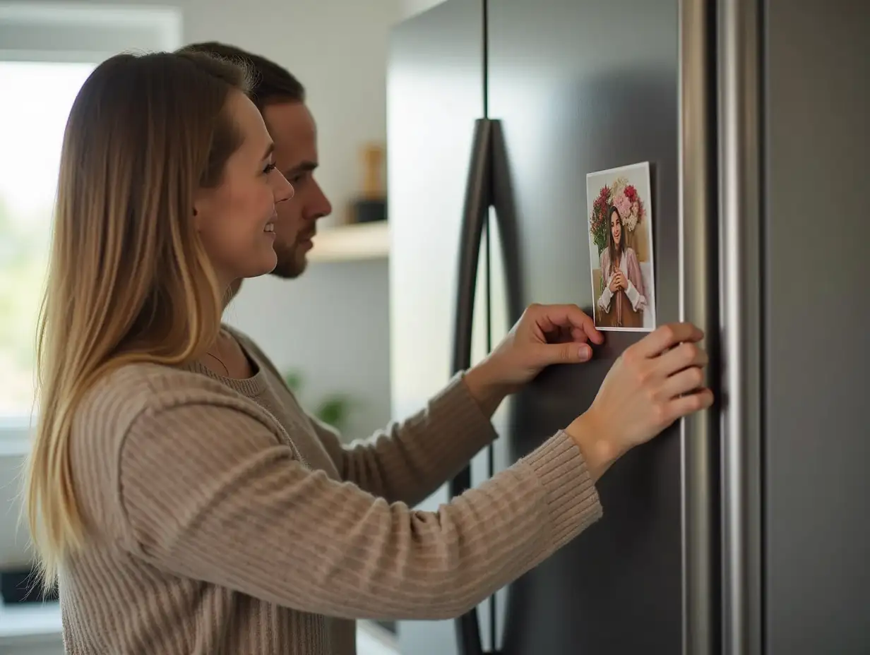 Young couple stands in front of the fridge and is currently sticking another magnet picture on the fridge door