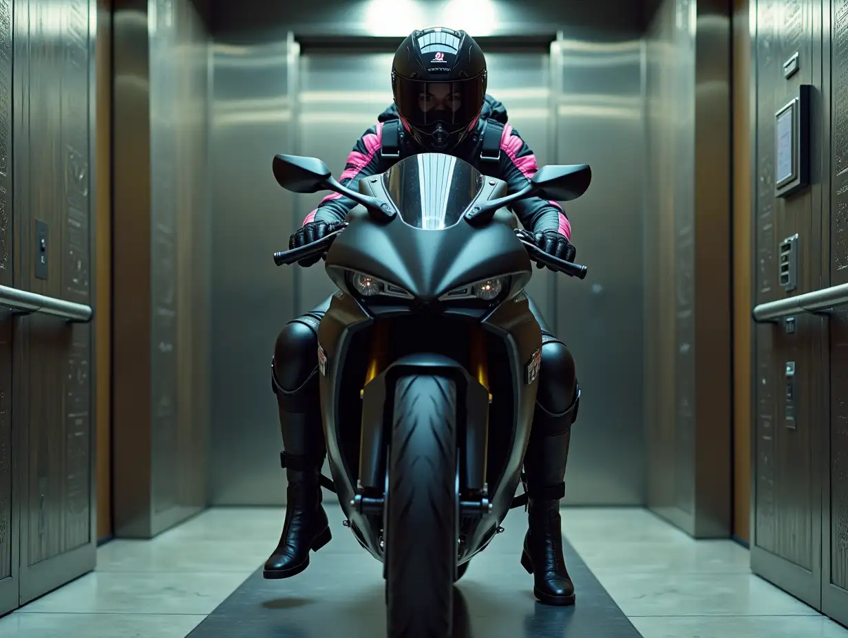 a teenage woman riding a modern speedy motorbike inside a large metallic elevator with open door, a trace of an art deco hotel hallway with crafted walls on the sides, she is entirely covered, only eyes visible, wearing a black durable racing suit with notable pink details, bulky motorbike boots, full helmet with mask and transparent visor, gloves, backpack straps, knee pads, lots of wearable gear, turned to front