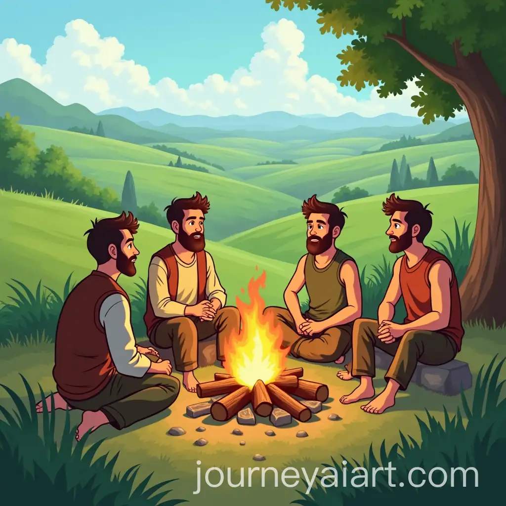 Young-Men-Enjoying-a-Chat-by-the-Fire-in-a-Green-Village
