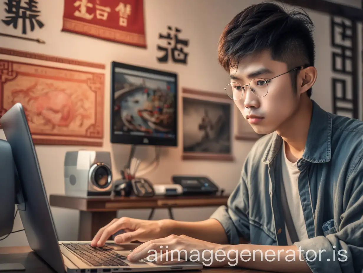 Young Chinese man opens our website on the Internet