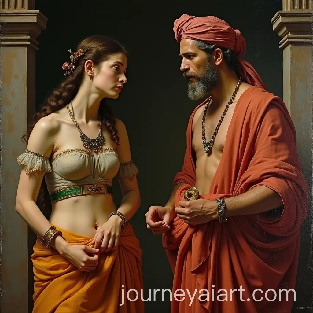 Renaissance-Painting-of-a-Girl-in-Ancient-Indian-Attire-Conversing-with-a-Greek-Traveler