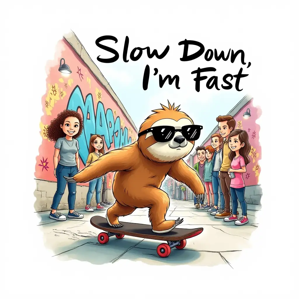 A whimsical illustration where a sloth adorned in oversized sunglasses races across an urban street scene on a skateboard, exuding a carefree yet lively expression. Accompanying this speedy sloth are vivid graffiti-style murals that inject vibrancy into the background. Cheerful onlookers are part of the scene, adding to the happy urban vibe with their expressions of excitement. The hand-drawn design is enhanced with a watercolor effect, blending soft, flowing colors with bold, crisp outlines to create contrast and depth. The phrase 'Slow Down, I'm Fast' arches over the top of the image in a graffiti-style font, integrated seamlessly into the artwork, easy to read and harmonizing with the overall playful tone. A color palette limited to 3-4 complementary hues ensures the design is striking yet minimalistic. The entire illustration is centered and isolated on a plain white background, with enough negative space to highlight its humor and originality, making it ideal for printing on a t-shirt.