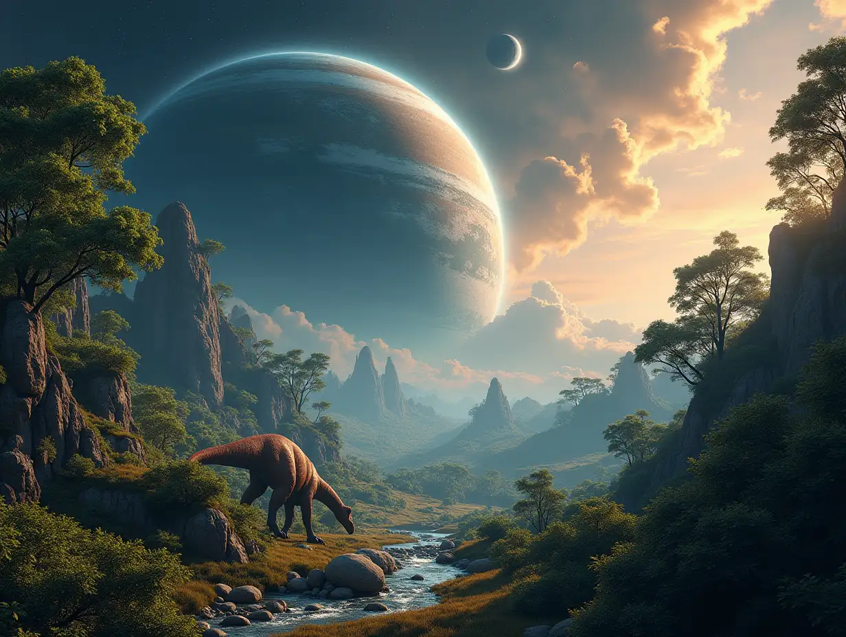 AI of foreign planets with foreign plants with dinosaurs in a 4K resolution