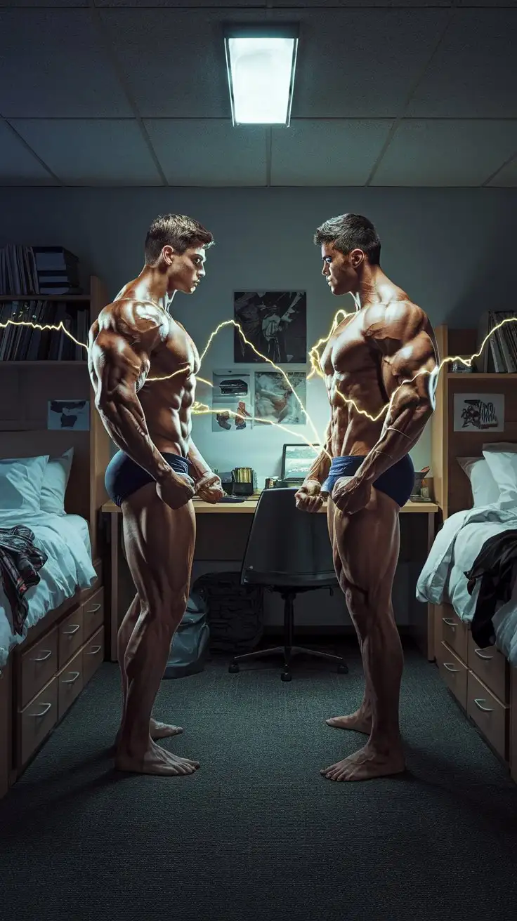 In a dorm room at night. 2 musclegod bodybuilders stand facing each other. Supercharged brawn. Herculean powers. 27 years old. Golden electricity arcs between their bodies. Photorealistic.