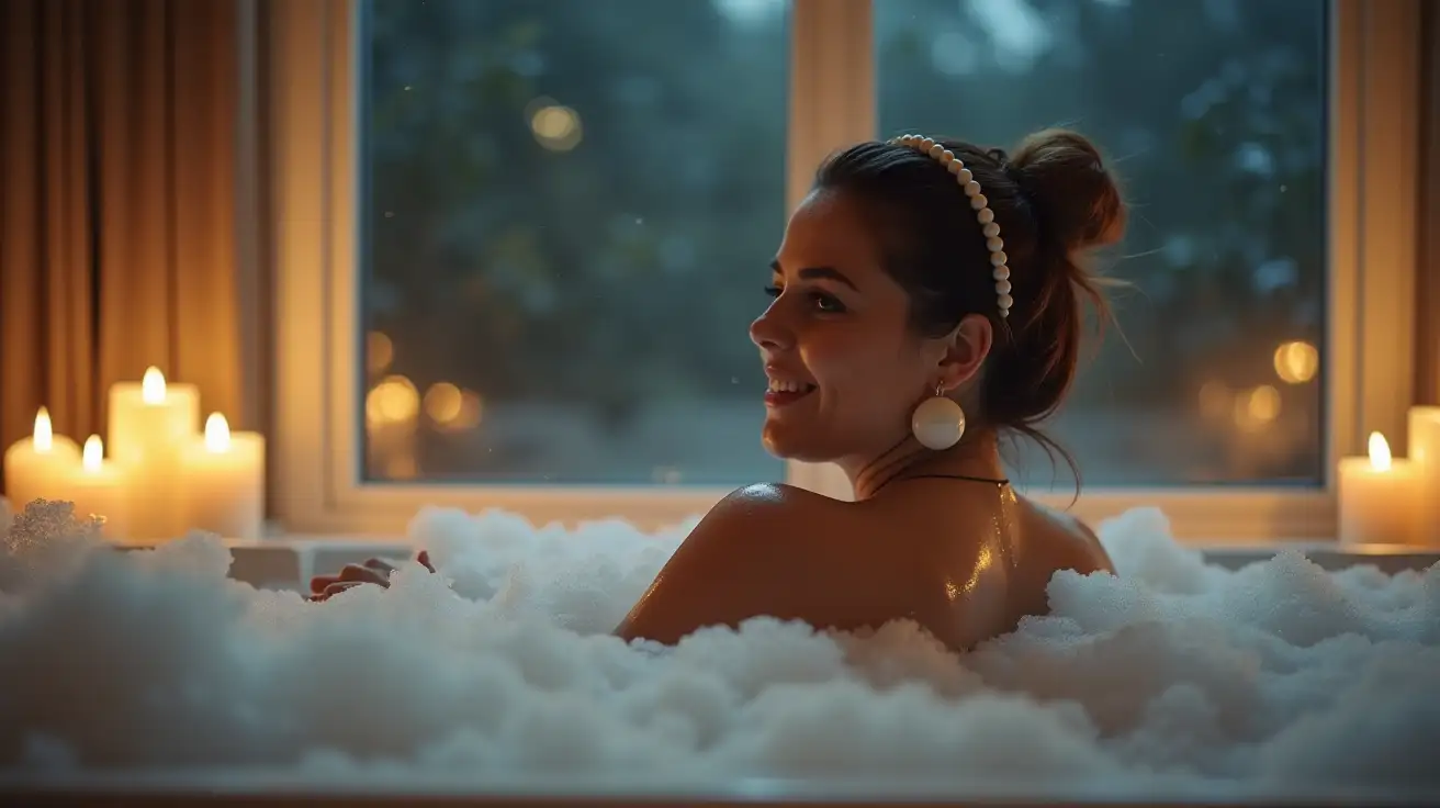 Decent dreamy curvy corpulent woman sitting comfortably in a large foamy bathtub in the middle of the night; modern white bathroom; plain tight perfectly reflecting white latex choker; high-quality clear latex candlelight reflections; massive bulky spheric white plastic earrings; wide reflective white latex hairband; water drops on the latex; wet latex; wet skin; wet hair; subtly smiling; heavily fogged window; large floor-to-ceiling window; lots of dense thick foam; many burning white candles; candlelight; deep dark night