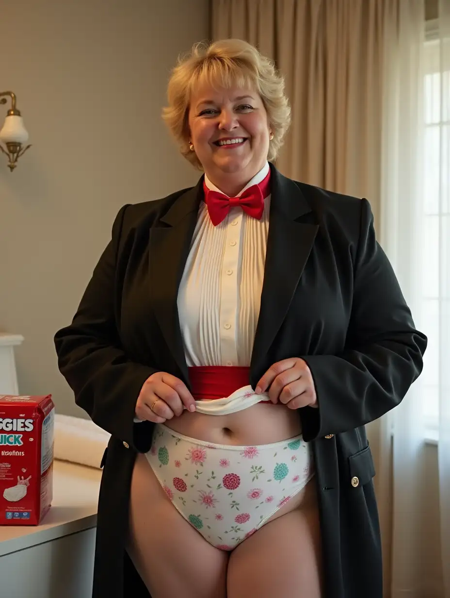 Caucasian-Woman-in-Tuxedo-Unfolding-Huggies-Diaper-at-Nursery-Changing-Table