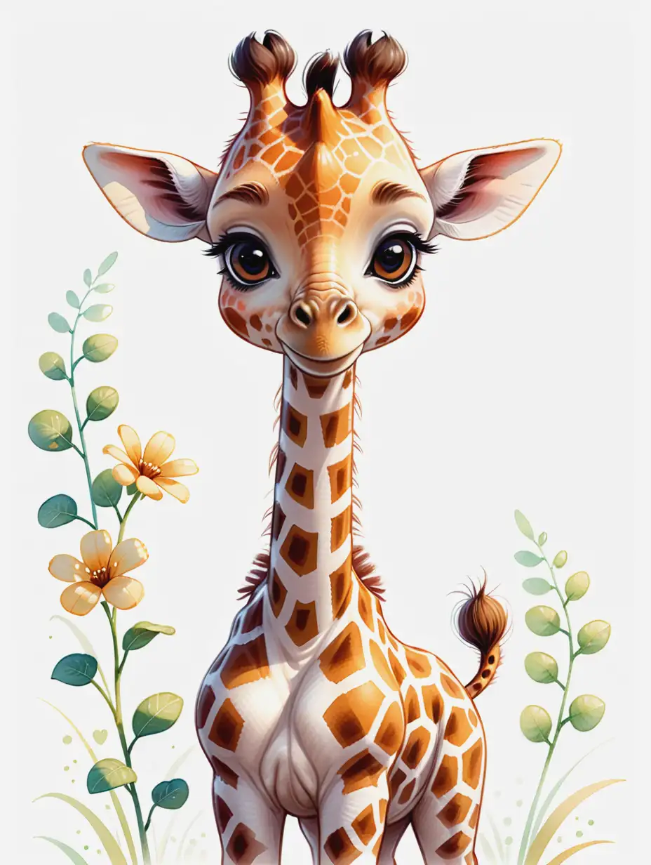 Cute giraffe cub, solo, pleasant Western style illustration, soft and vibrant colors, artsy doodle, textured, white solid background, Amelia Winfeld Martin and John Clayson, character sheet