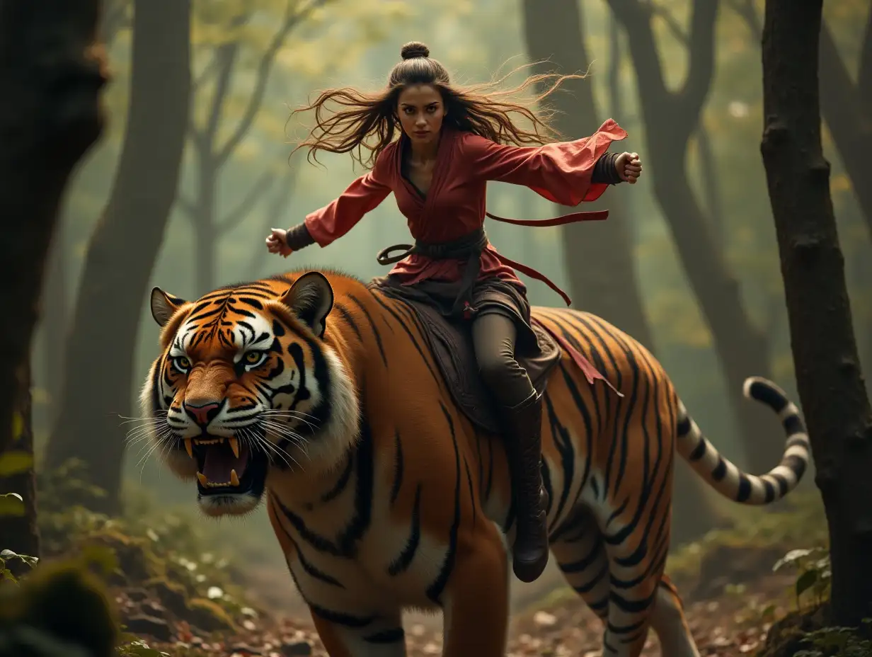 A beautiful woman with long hair, pretty face, wearing martial arts costume, on top of a giant tiger, fighting against a horde of forest robbers dramatically and epically