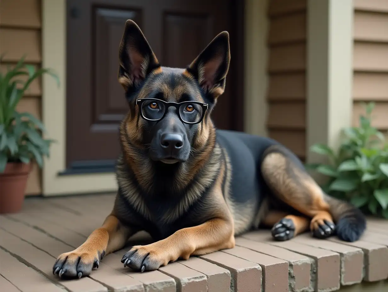 I want to create a canine character for a YouTube Channel. He is an older German Sheppard Dog. He is black & grey, he is lying down on the front porch of a 40s era home, he is lying looking straight at the camera, he has his front legs crossed and he wears reading glasses. I want to make a series of pictures if we can be consistent with the character & the porch.