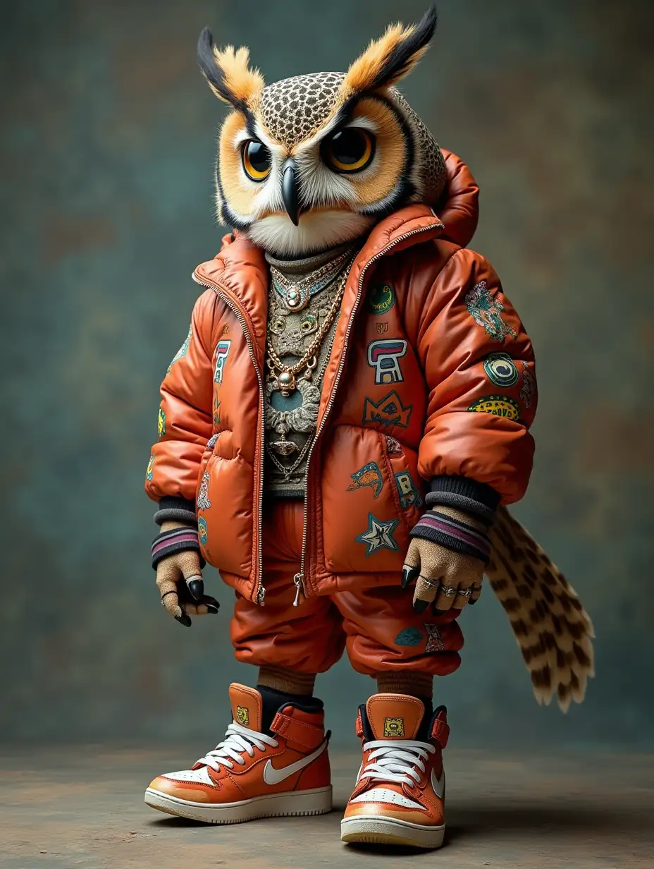 In the style of a fashion shoot, a photo of an anthropomorphic owl, wearing large hiphop clothes from 1990s and sneakers, fantasy, insanely detailed and intricate, hypermaximalist, high fashion