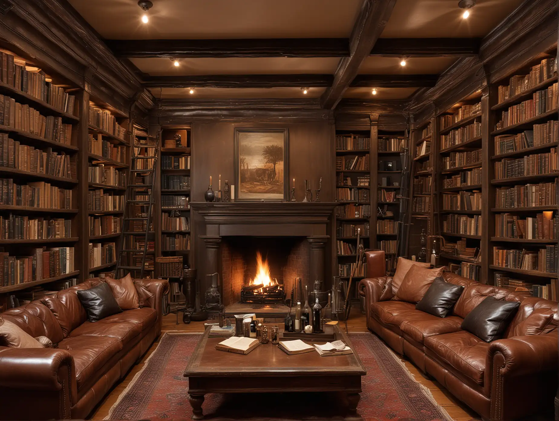 Cozy Library Room with Vintage Decor and Fireplace