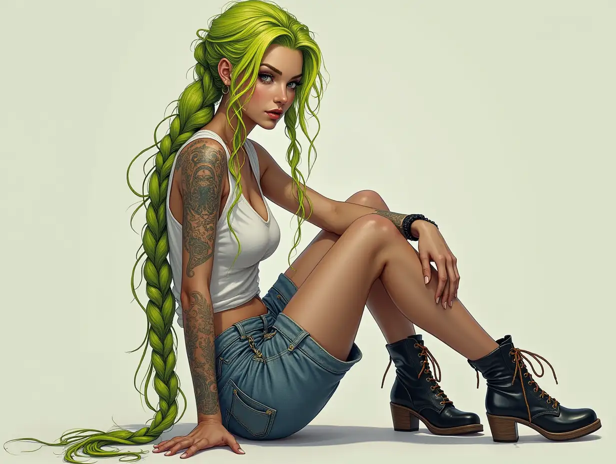 Depiction of a beautiful white woman with tattoo, long mixed green-yellow braided hair in a futuristic style and laced boots