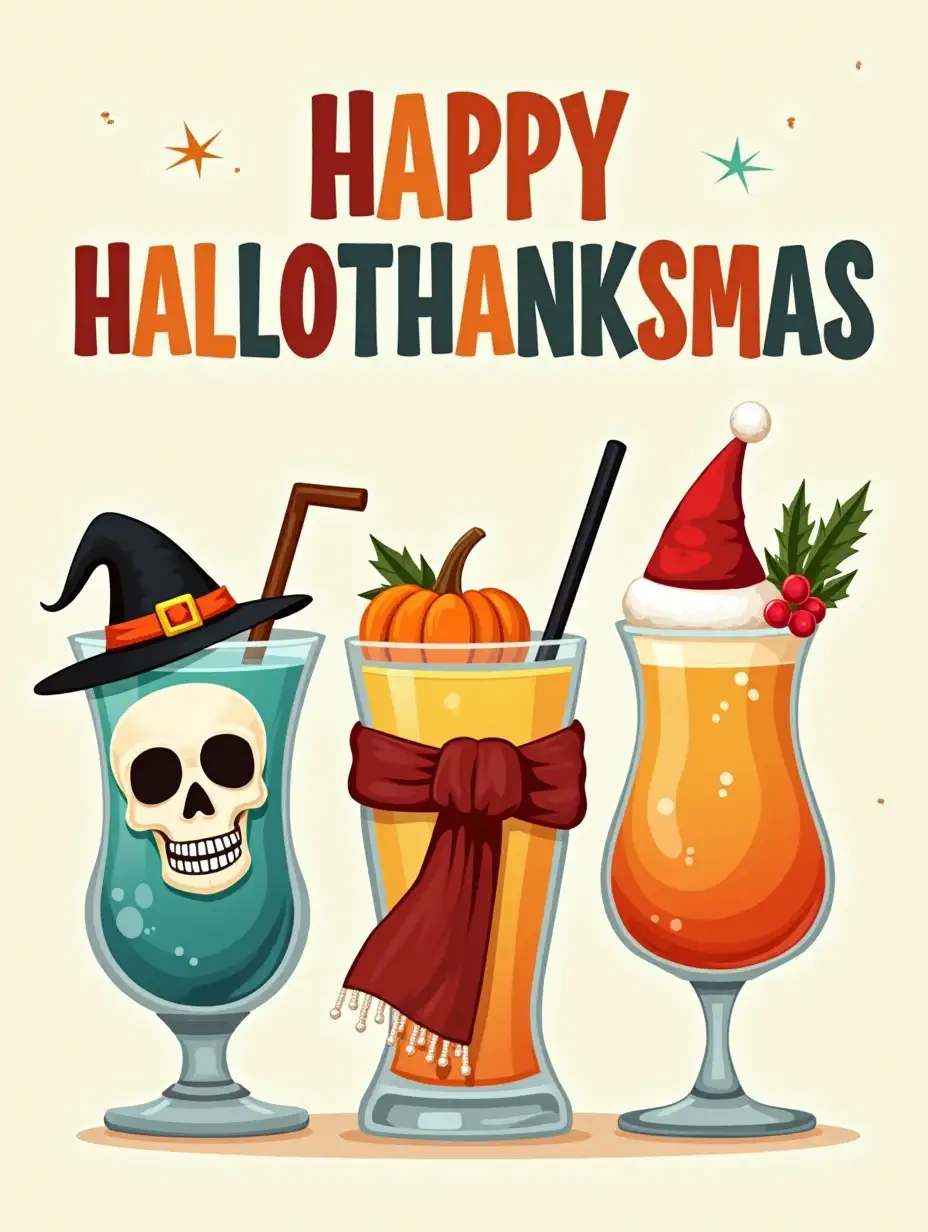 Vintage. Create a cartoon-style image of three colorful drinks arranged in a row: a Halloween-themed drink with a skull and a witch's hat, a Thanksgiving-themed drink with a scarf and a pumpkin, and a Christmas-themed drink with a Santa hat and berries. The text 'HAPPY HALLOTHANKSMAS' should be in bold, colorful letters, placed above the drinks. The overall atmosphere should be playful, festive, and perfect for the holiday season.