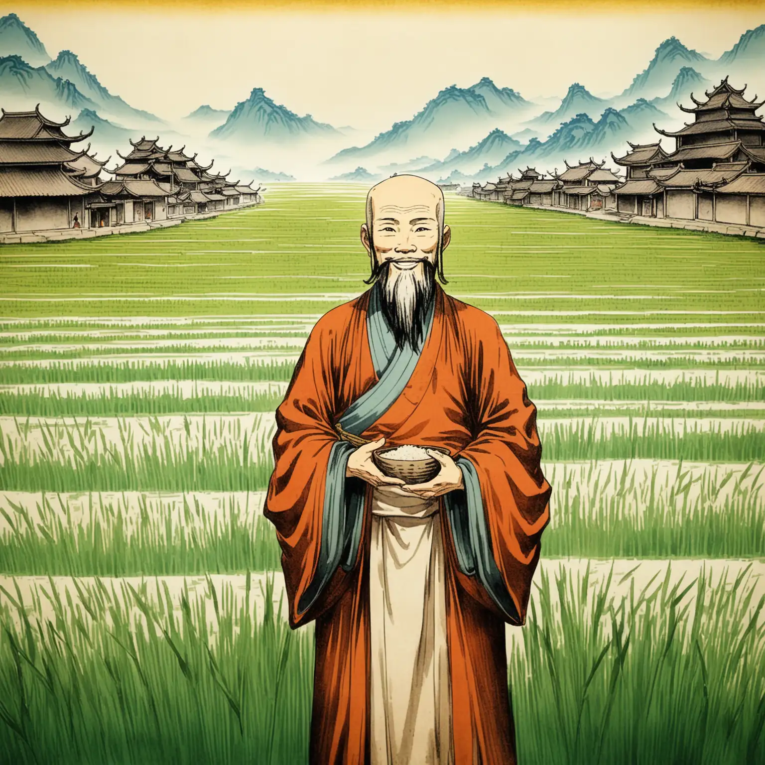 Dzen-Buddhist-with-Beard-in-Ancient-Chinese-Rice-Field-Greeting-Everyone