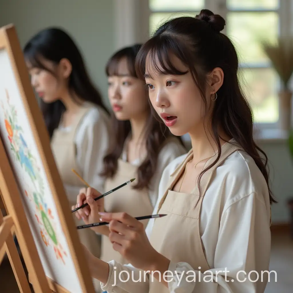 Young-Asian-Woman-in-Art-Class-with-Two-Friends-Surprised-Expression-and-Cute-Hairstyle