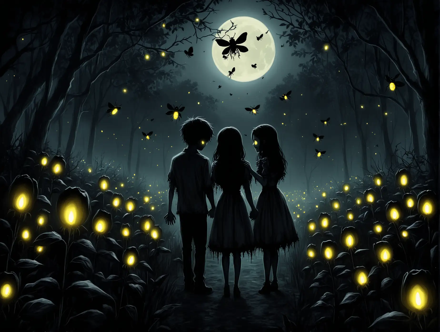 Couple-Surrounded-by-Dark-Black-Roses-Under-Moonlight-with-Fireflies-in-a-Horror-Setting