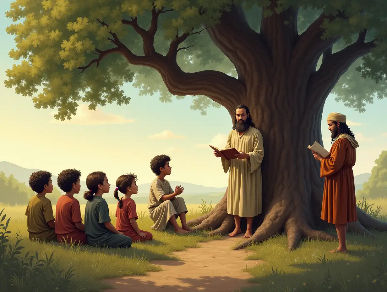 The Moral**   - A thoughtful scene with the minister narrating the story to a group of children, under a large tree, children listening eagerly, echoing the importance of wisdom.