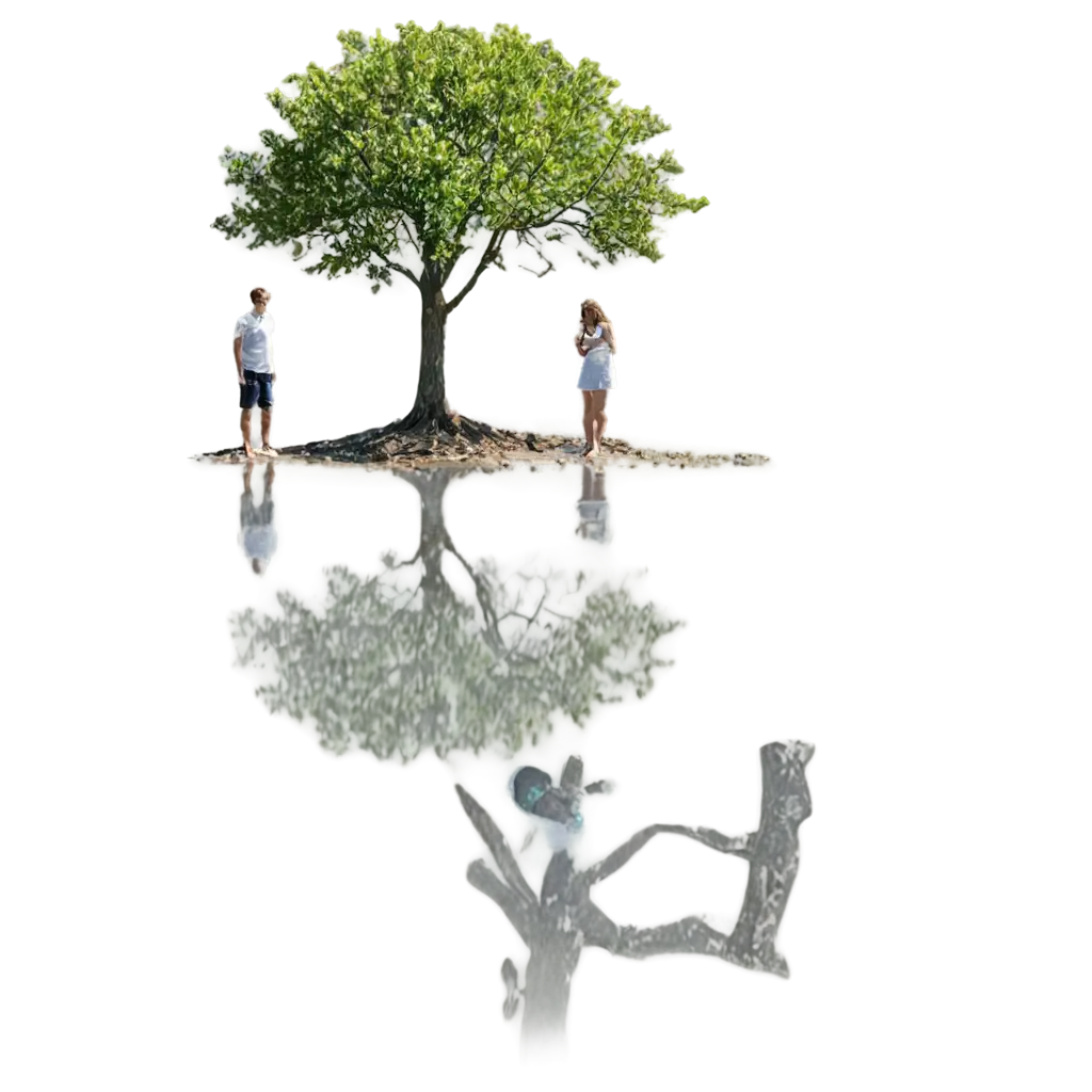 PNG-Image-of-Tree-with-Falling-Leaves-and-Dry-Branches-Featuring-a-Man-and-Woman-with-Shadows-on-Water