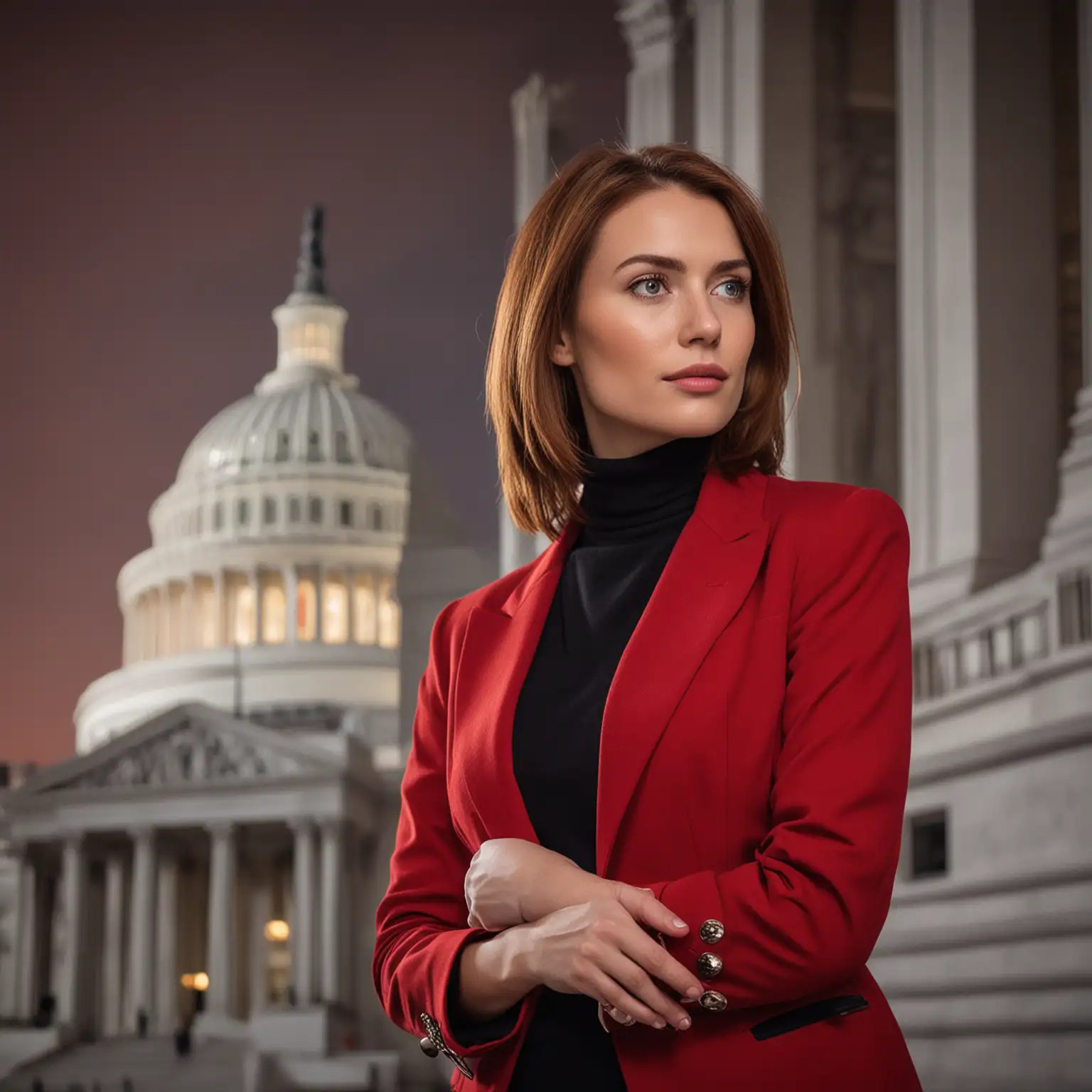 Professional-Woman-in-Red-Blazer-Standing-in-Front-of-a-Government-Building