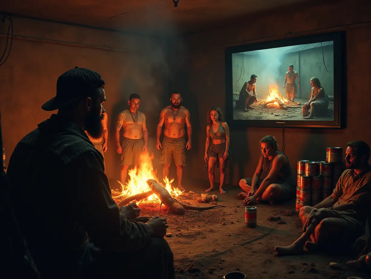 user_prompt: A group of dirty ragged people, two men and three women in tatters, are roasting a rat on a bonfire. Below, a bearded man in camouflage in a bunker watches this scene on a monitor screen, eating stew from a can, the bunker wall is lined with rows of cans of canned food.