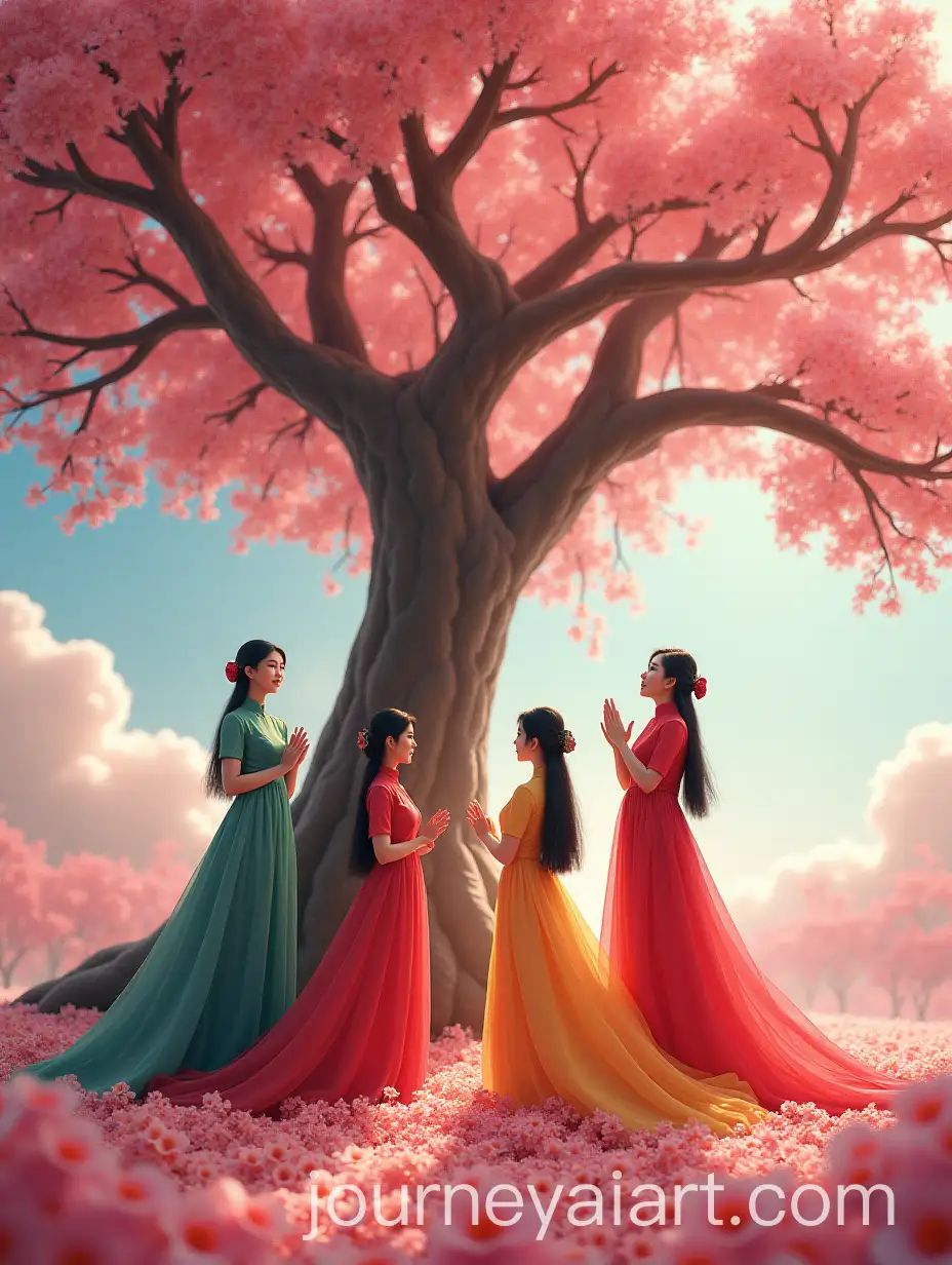 Four-Beauties-in-Traditional-Chinese-Silk-Cheongsams-in-a-Peach-Blossom-Forest