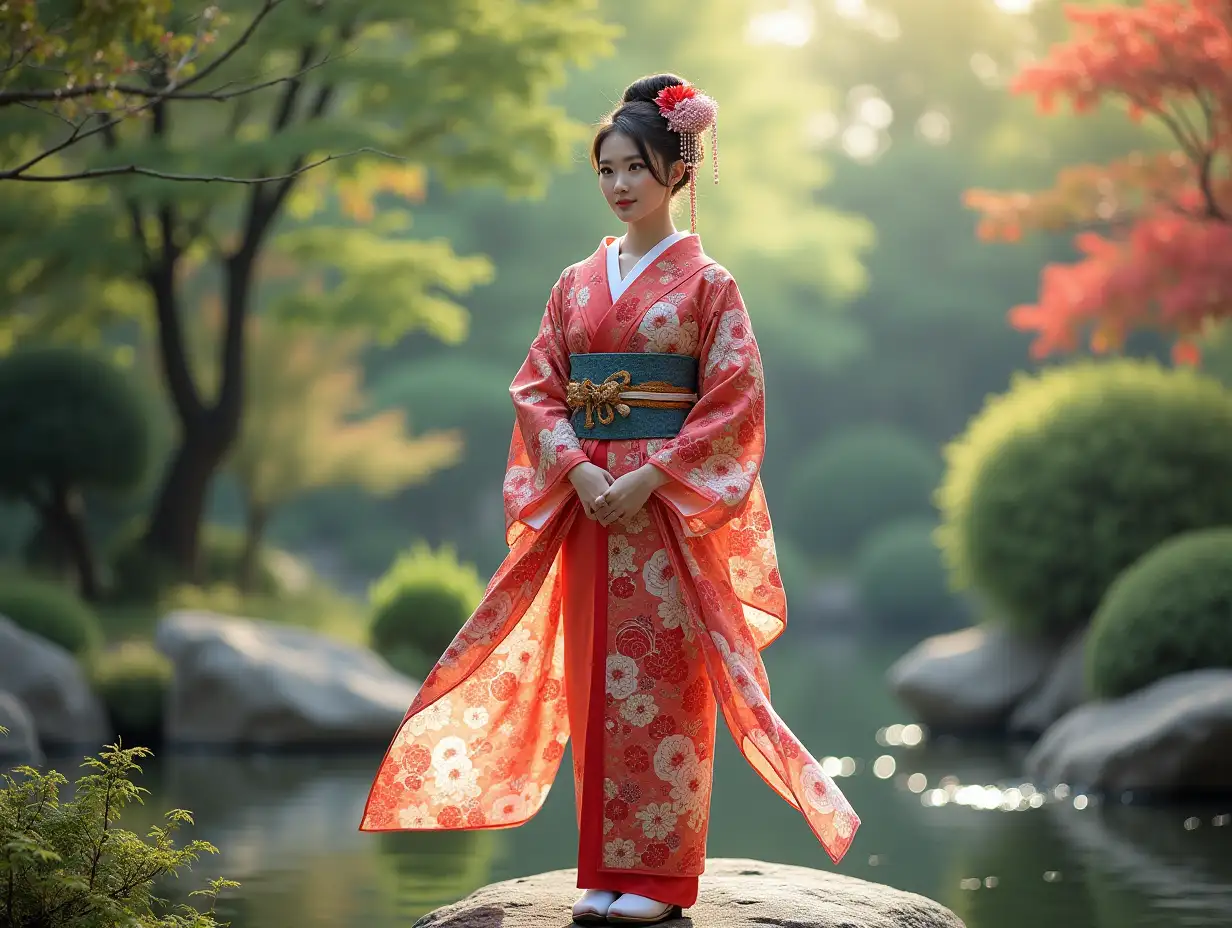 Japanese Princess bright kimono in the garden stands on a rock 4K resolution Vibrant Colors