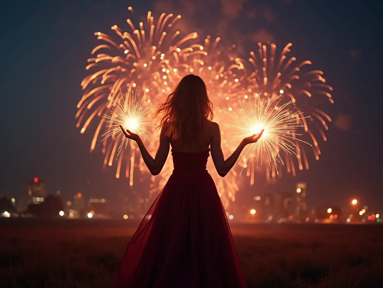 A beautiful gorgeous sexy busty sorceress is conjuring fireworks with her hands the sky is filled with fireworks she is standing in a open field at night with a city in de background epic real photorealism style