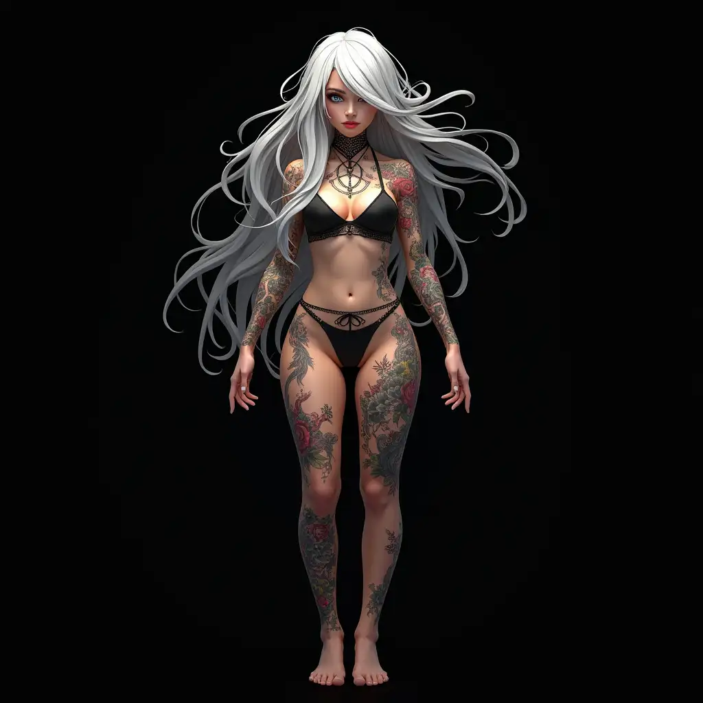 Depiction of a beautiful white woman with tattoos and long mixed white-black hair in a futuristic style and feet black background