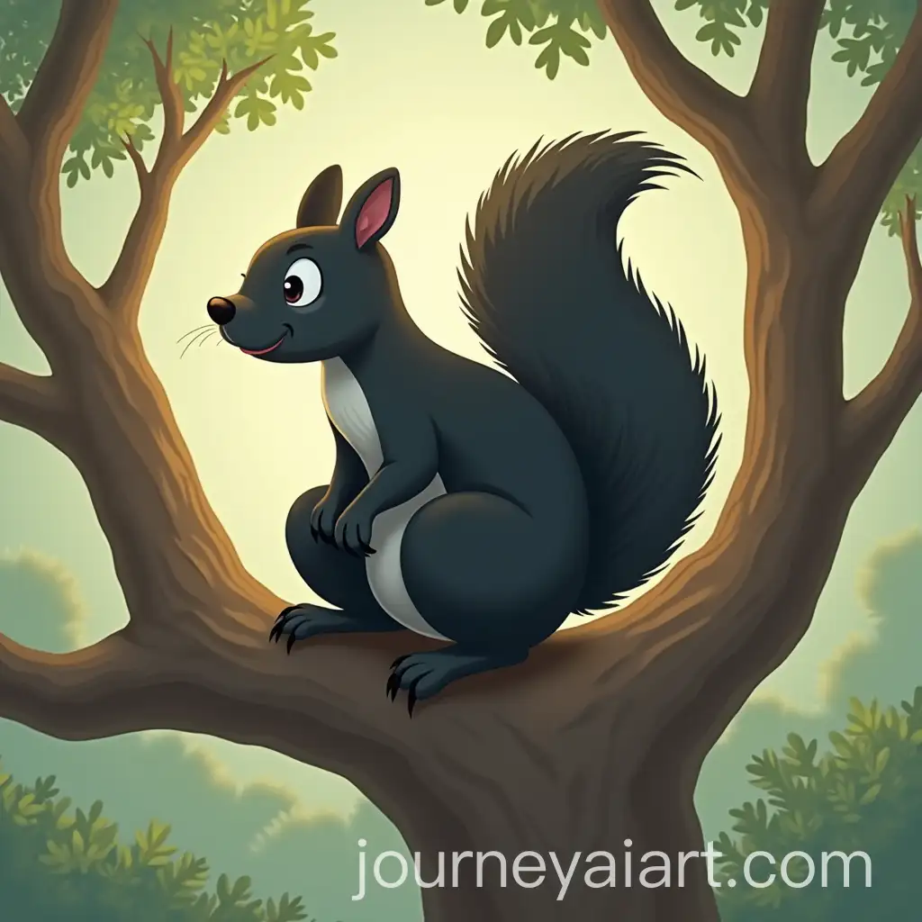 Cartoon-Style-Black-Squirrel-on-Tree-Branches-Looking-Down-Below
