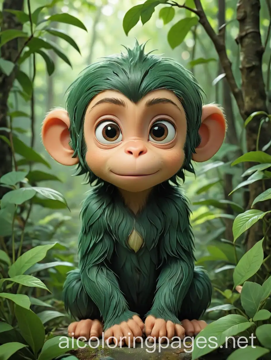 Serene-Dark-Green-Nature-Scene-with-Playful-Monkey-Coloring-Page